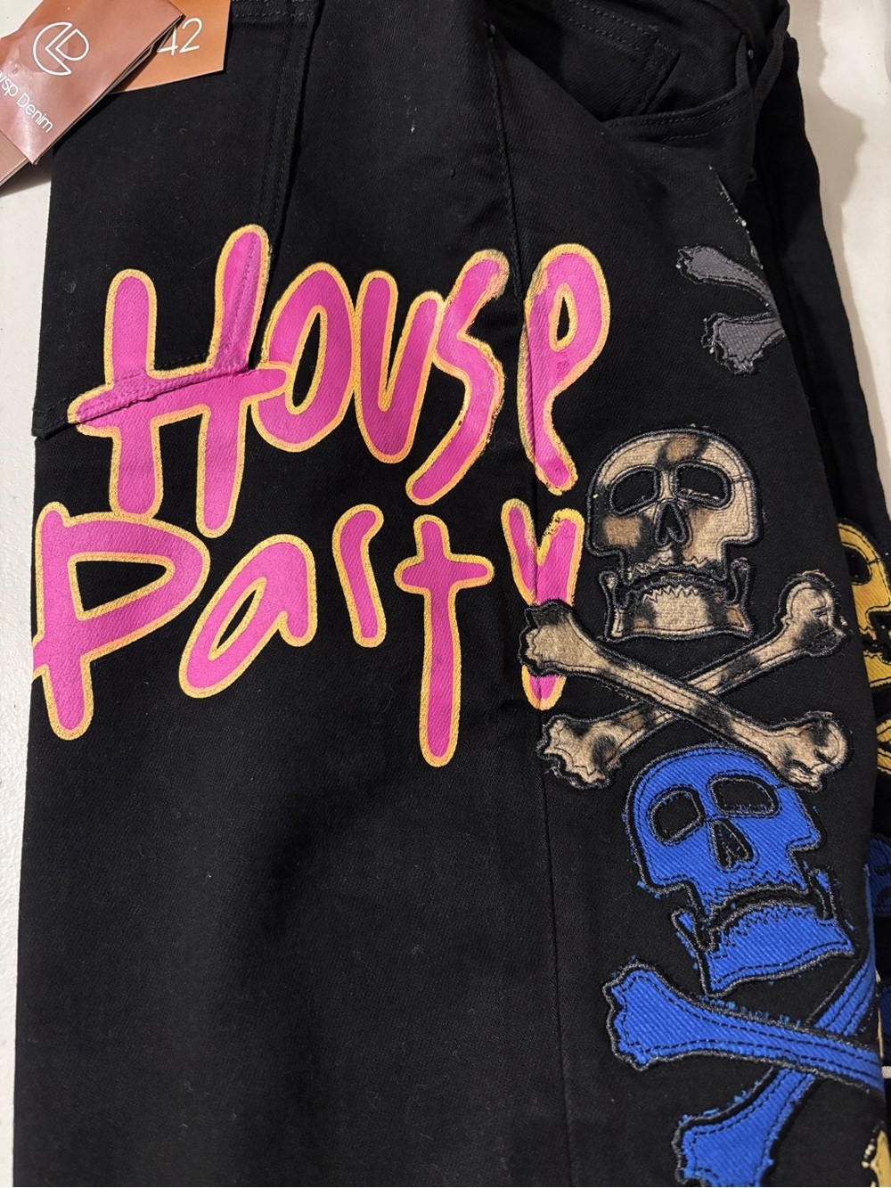 Crysp Denim Y2K Black Jorts Size 42 Ethmoid Skull Patch Jean Skinny Streetwear - Picture 4 of 11
